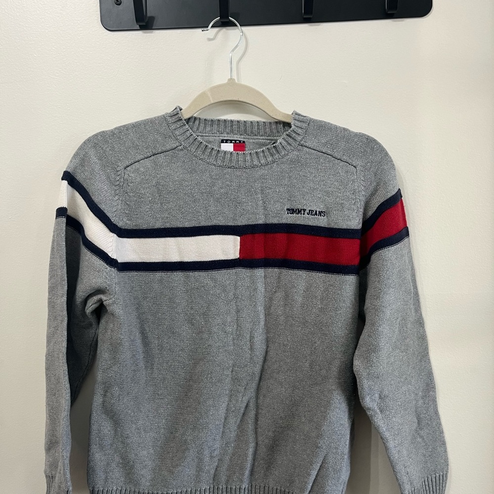 Tommy Hilfiger Gray Crewneck Sweater with Red, White, and Blue Stripes